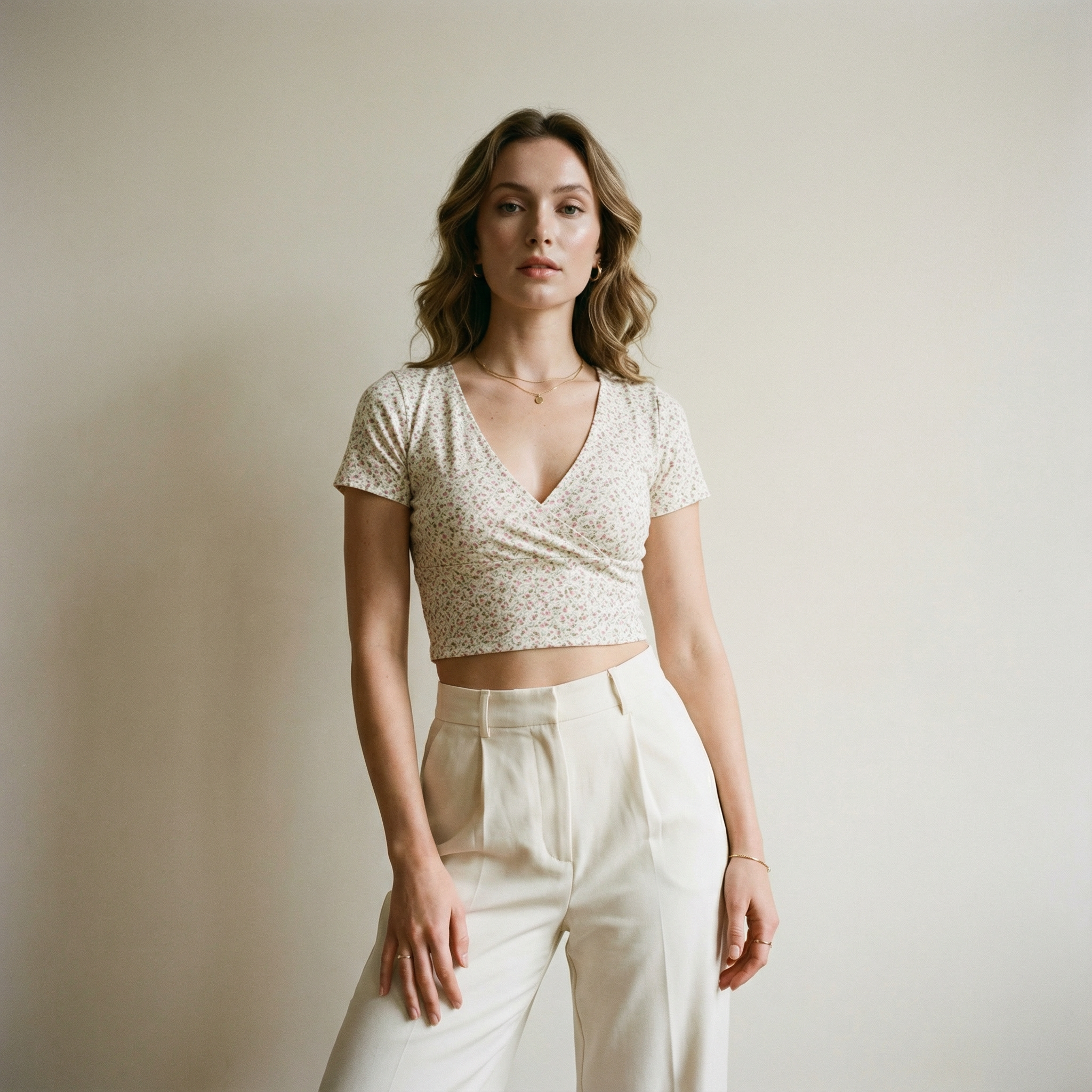 بلوزة قصيرة بياقة عميقة ونقشة ناعمة