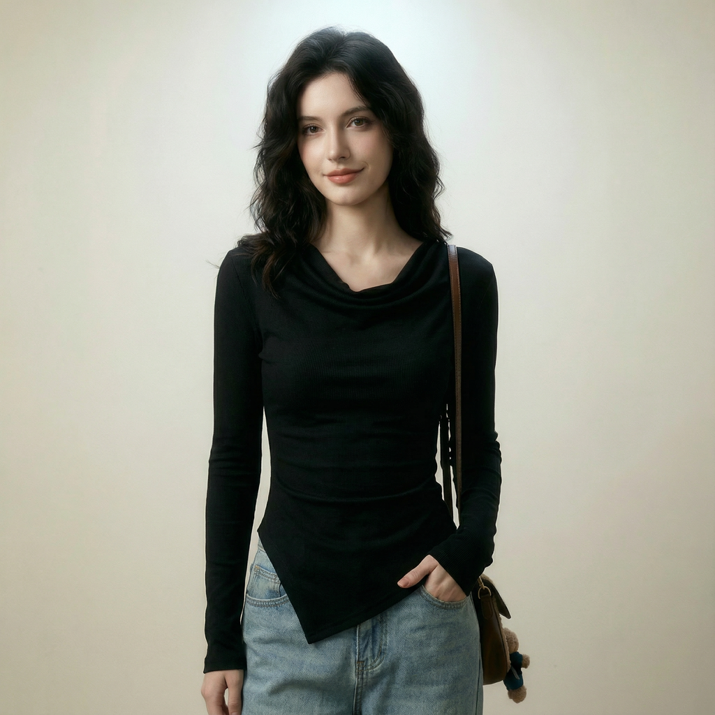 بلوزة بياقة منسدلة وقصّة غير متماثلة