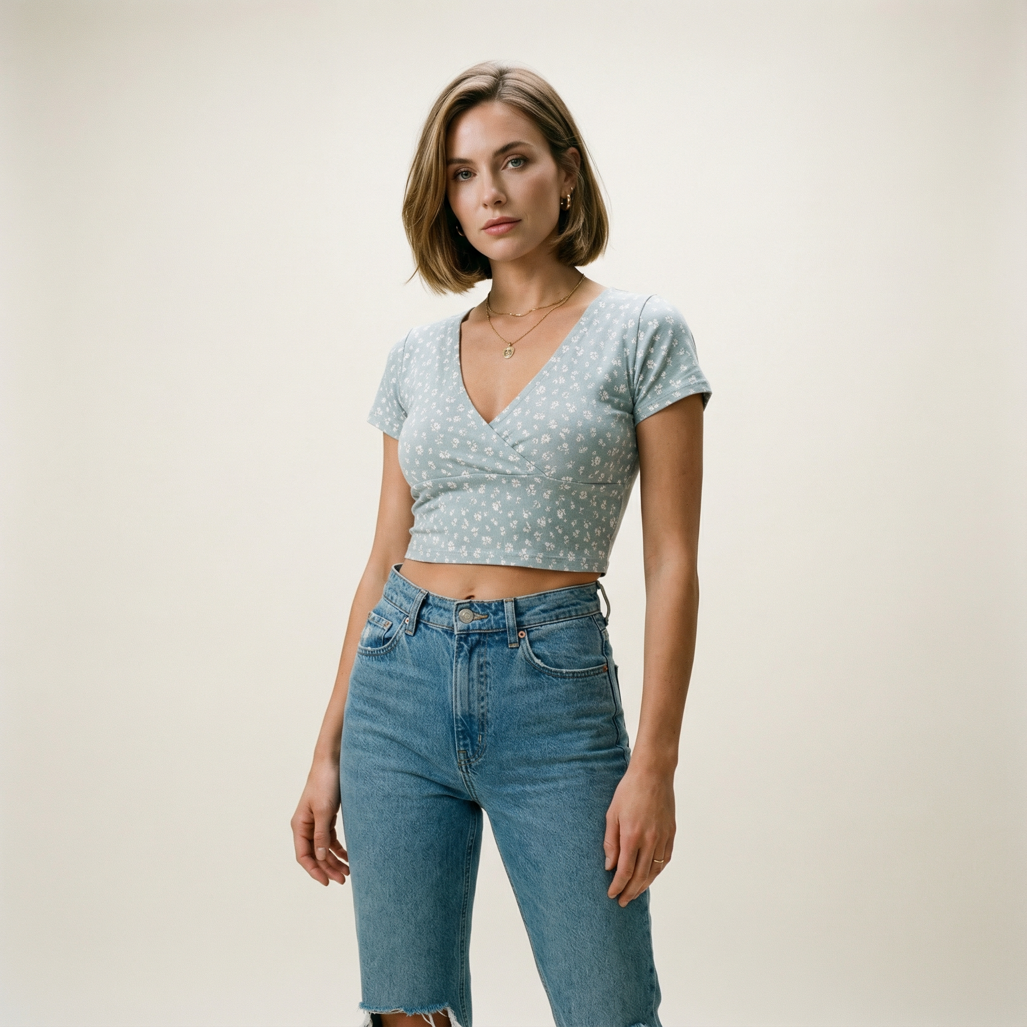 بلوزة قصيرة بياقة عميقة ونقشة ناعمة