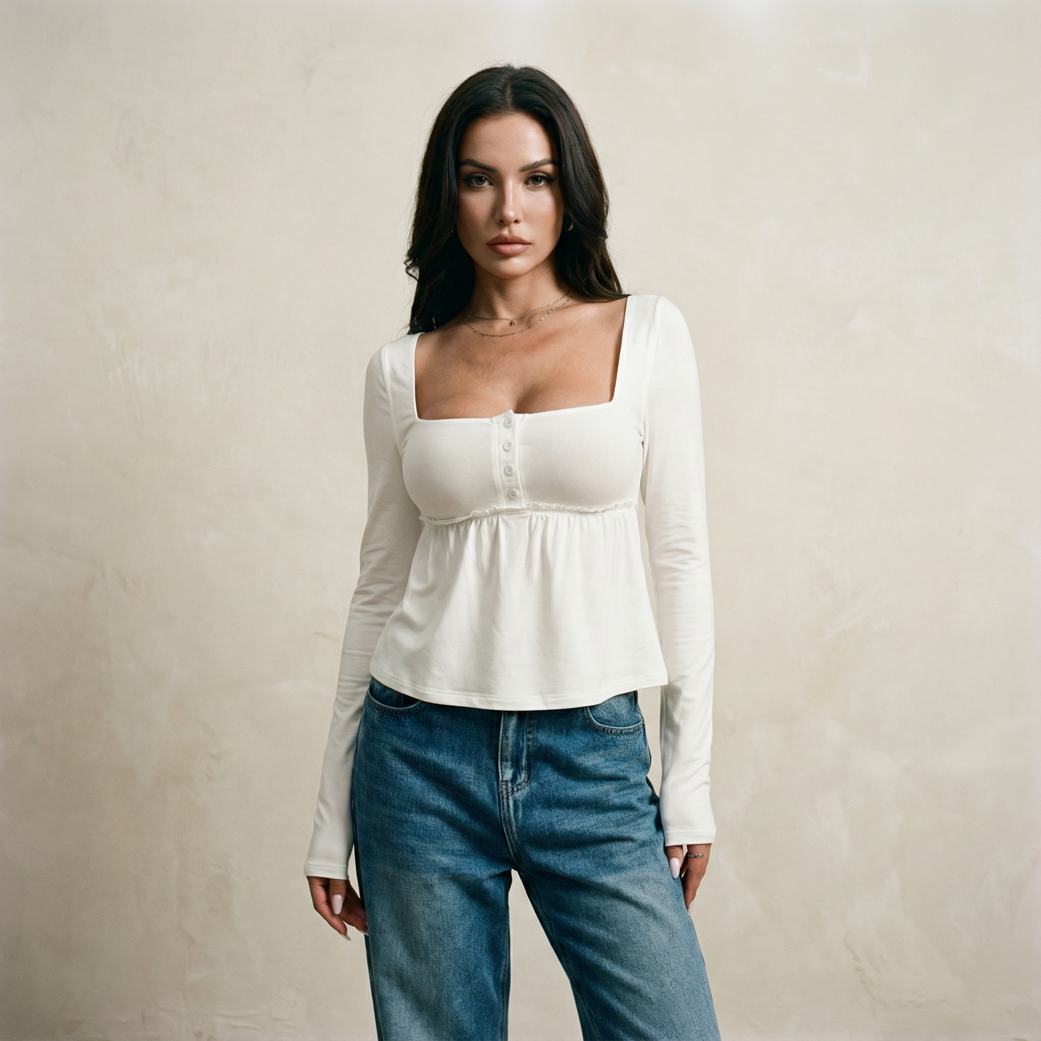 توب بياقة مربعة وقصّة واسعة